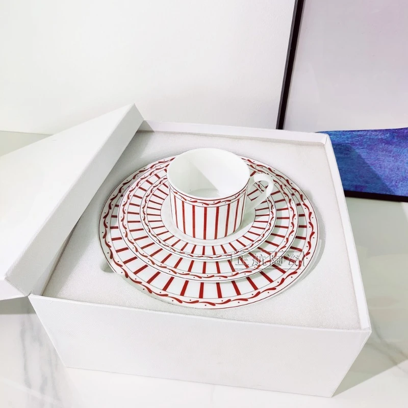 

French Style Ceramic Dinner Plates Set of Four with Steak Plate and Coffee Cup Elegant Western Dining Tableware