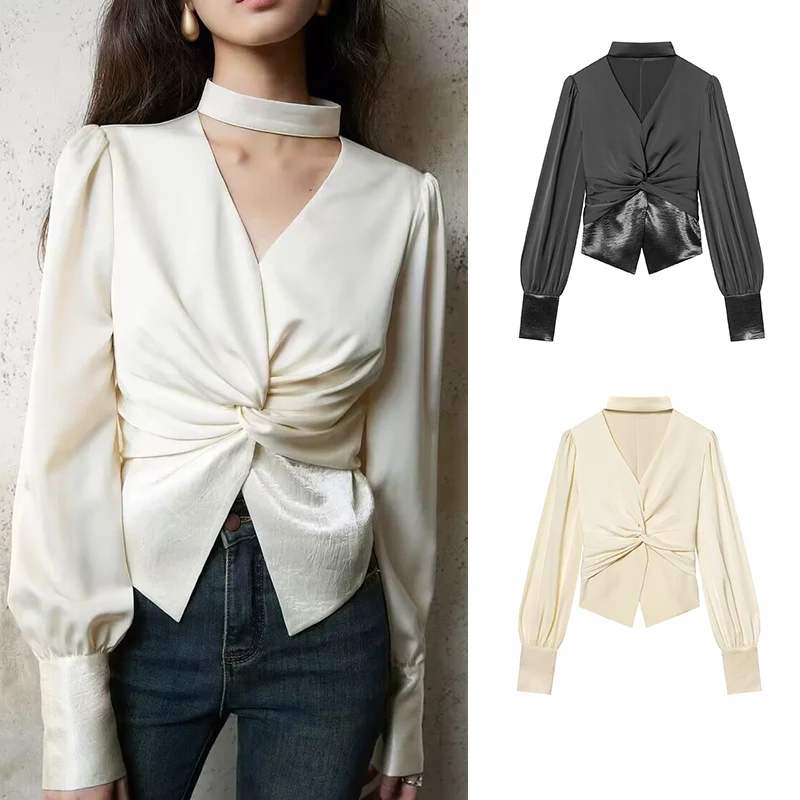 

Tidalyf 2026 Spring New Women's Shirts & Blouses Fashion Slim V-neck Elegant Youth Blouse Chic Beige Travel Joker Holiday Shirts