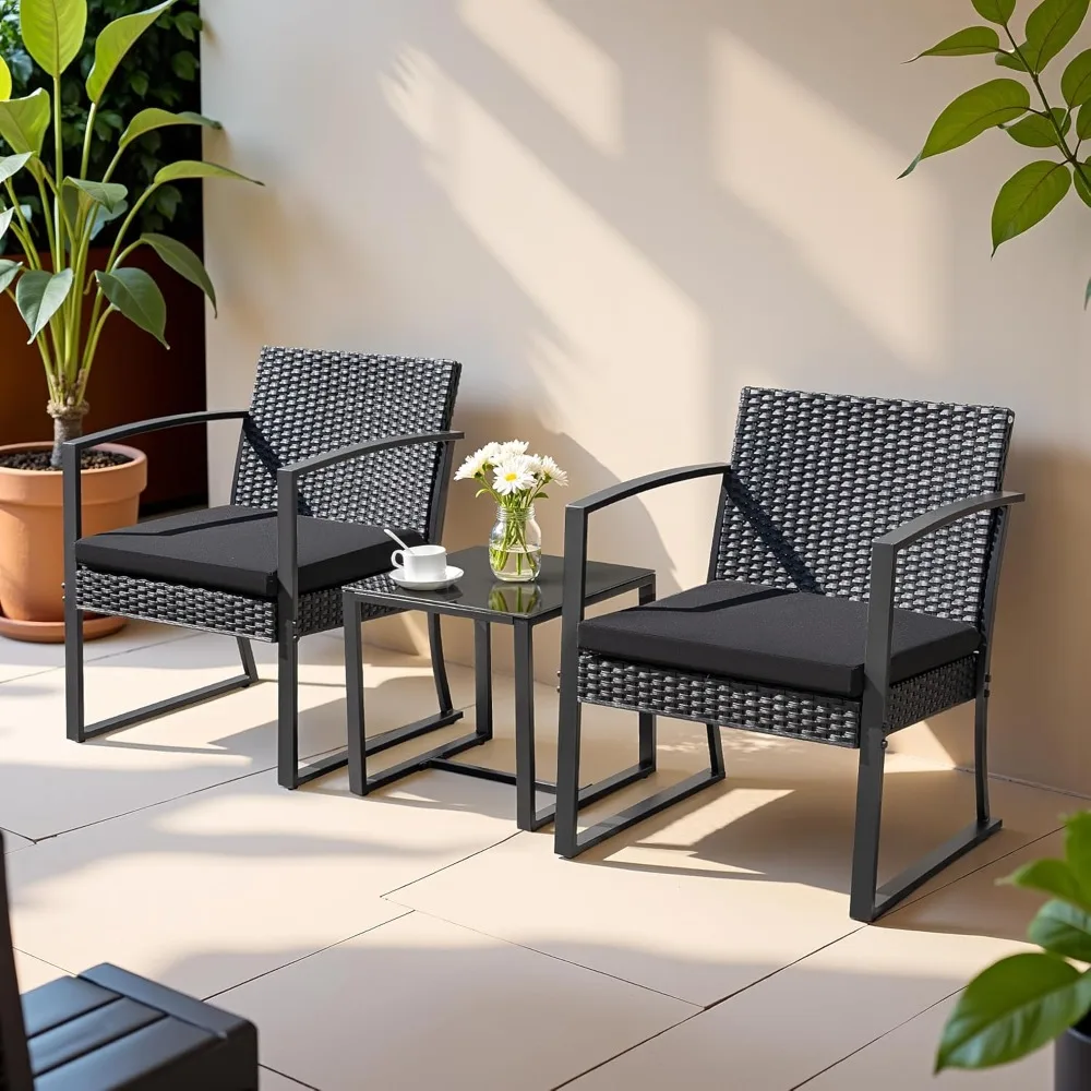 ชุดเฟอร์นิเจอร์กลางแจ้ง เก้าอี้บิสโทรสำหรับลานบ้าน พร้อมโต๊ะกาแฟกระจก สำหรับสระว่ายน้ำ ชายหาด สนามหลังบ้าน ระเบียง ลานเฉลียง สวน สีดำ