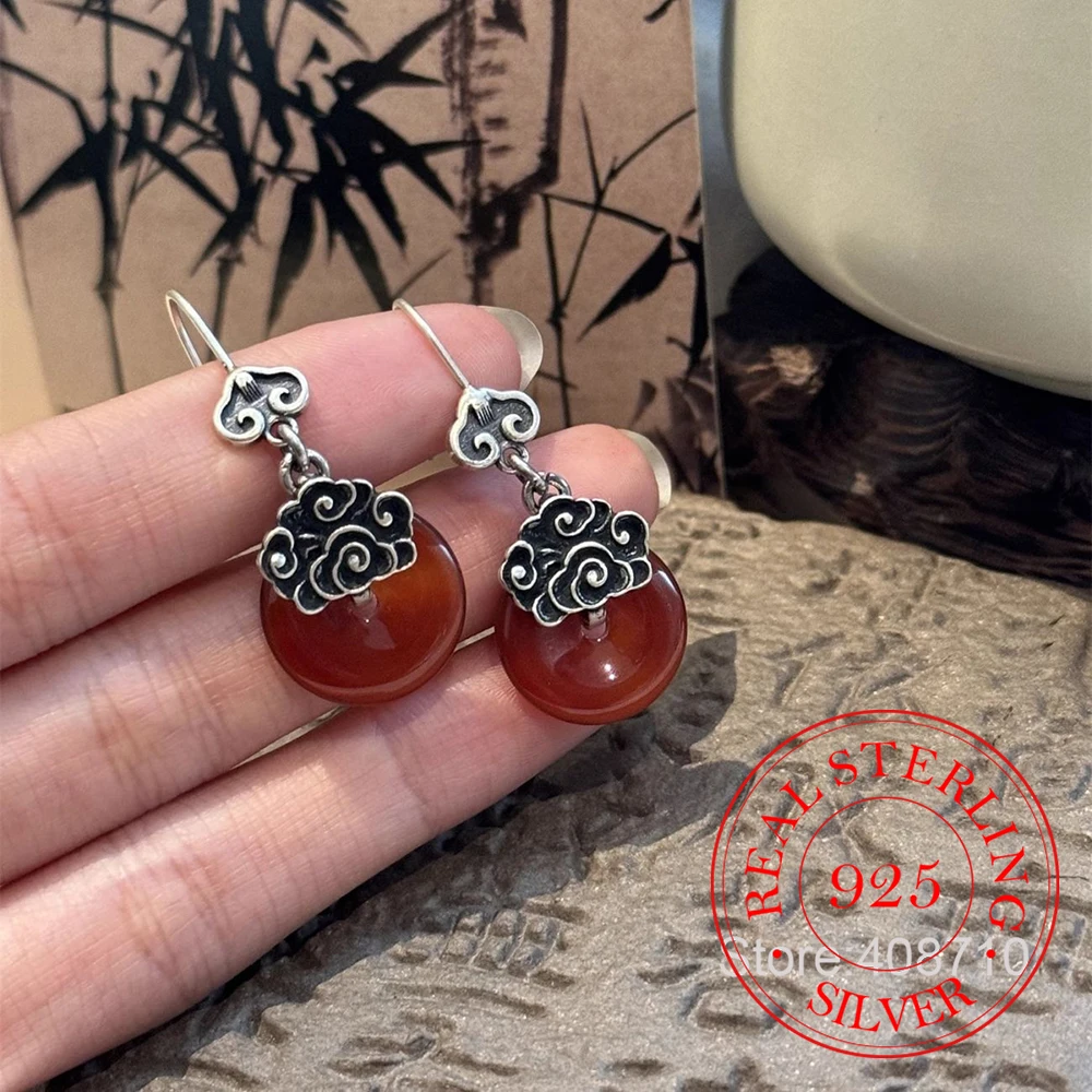 925 Sterling Silver Jewelry Red Agate Auspicious Clouds Drop Earrings for Women Wedding Party Jewelry Girls Friend Gift
