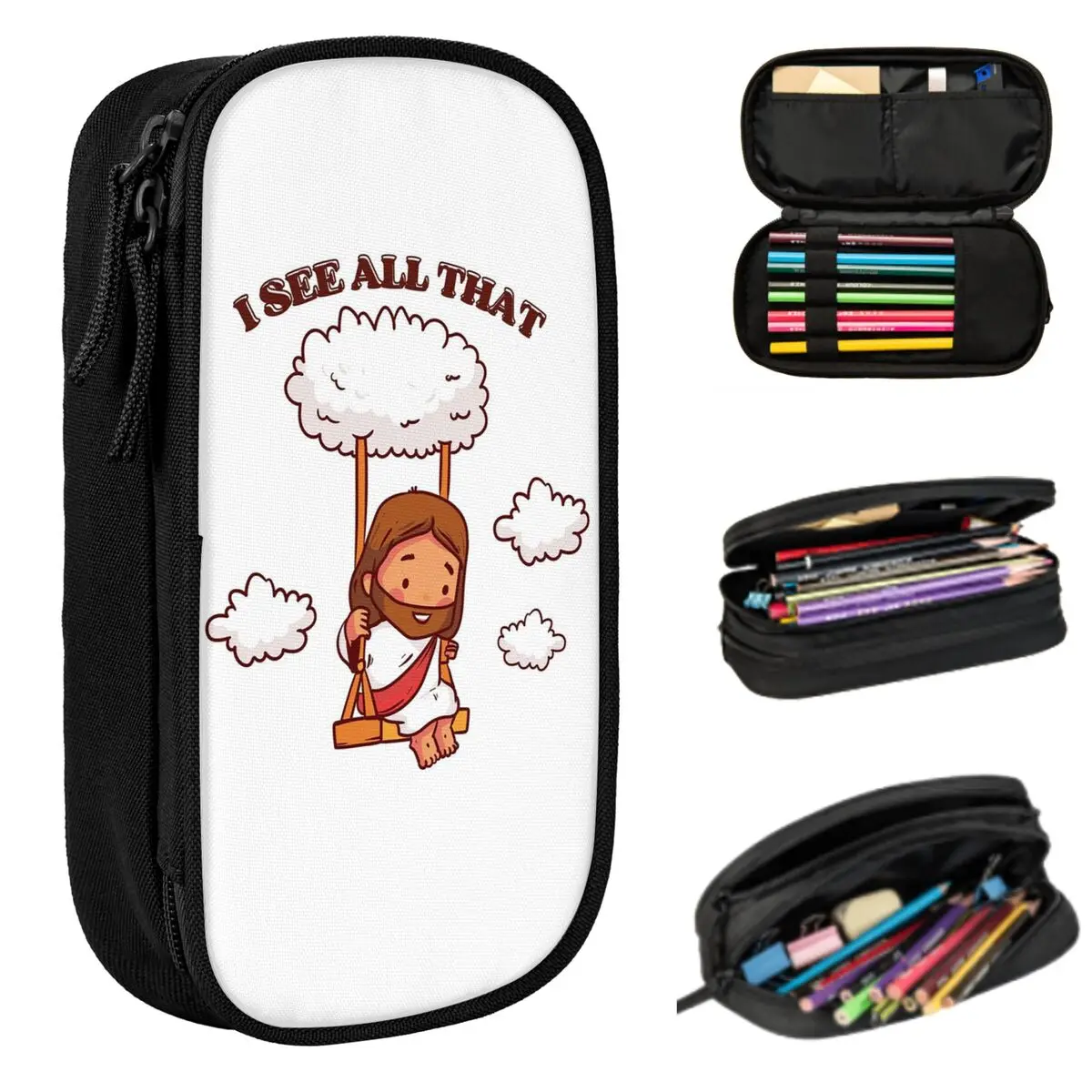 I See All That Cute Jesus On A Cloud Swing Pencil Case for Kids School Pen Box Pencil Bag Stationery Supplies Pen Holder Bag