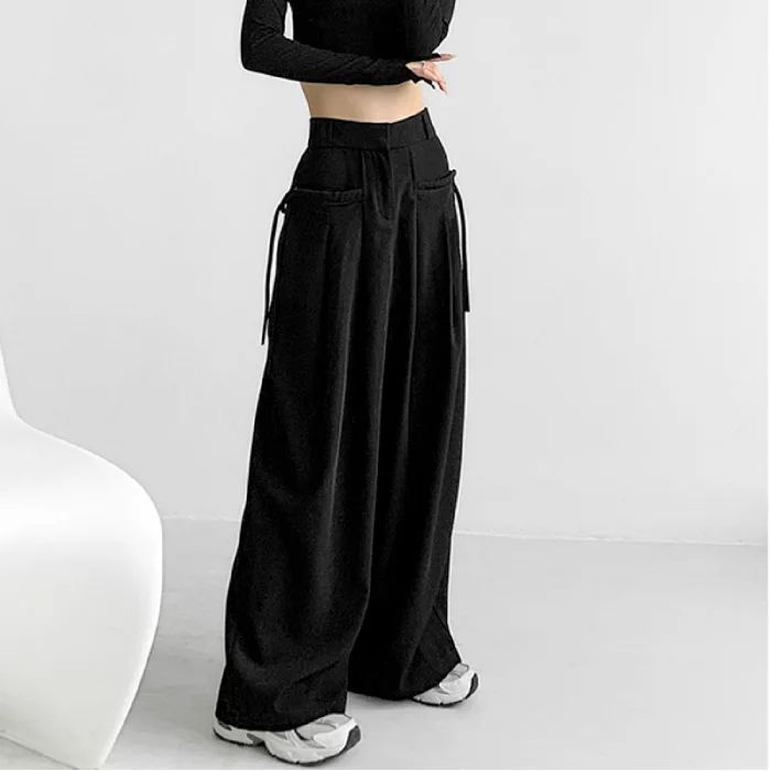 

Women's Straight Pants Retro Spice Style High-waisted Vertical Pants Women's Design Side Lace-up Flowy Casual Wide-leg Pants