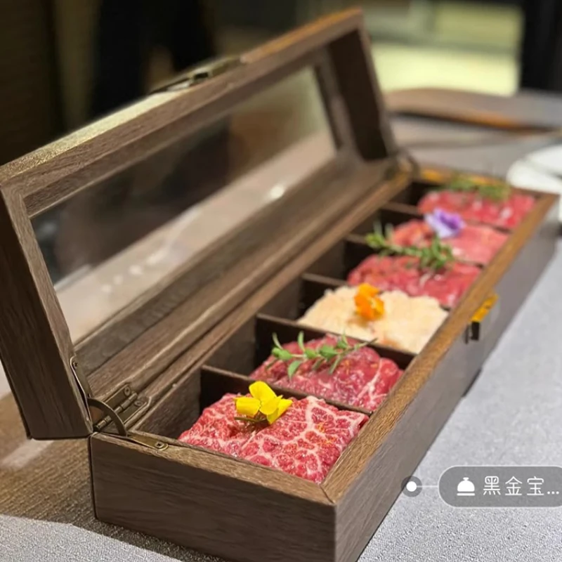 

Barbecue box Japanese-style roasted meat wooden box with cover platter wood grain skin artistic conception