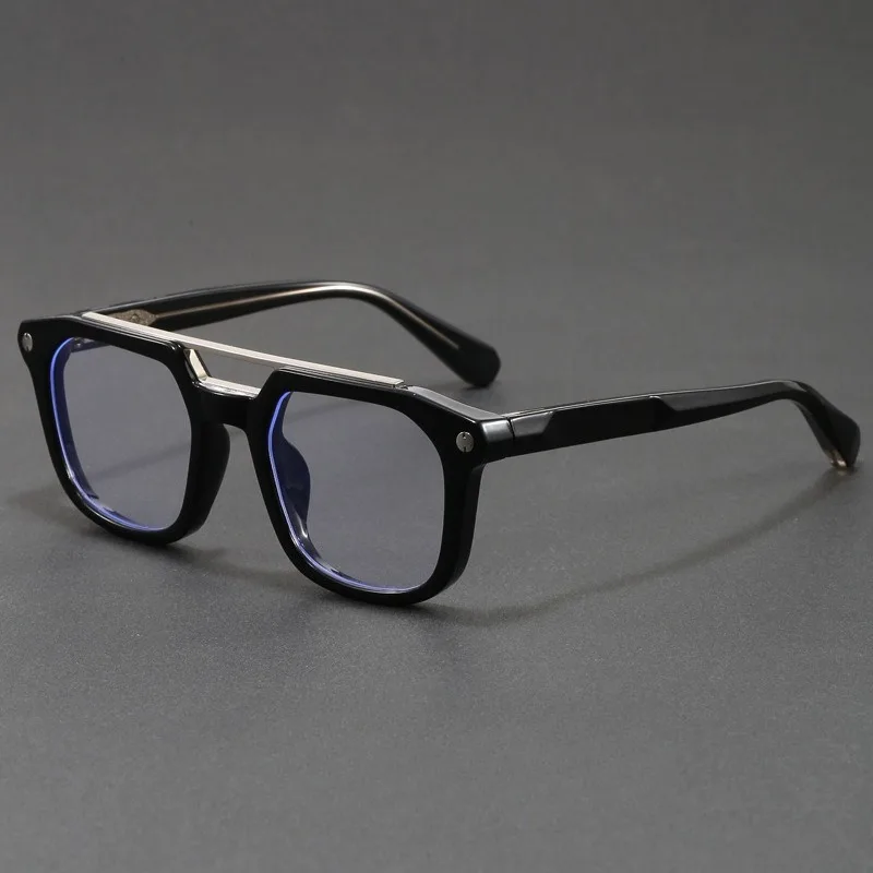 Unisex Double Bridge Square Acetate Eyeglasses Gold Metal Decor Optical Frame