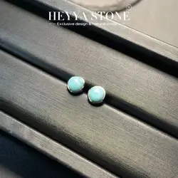 HEYYA STONE Round Natural Larimar Stud Earrings For Women 925 Silver Earrings Simple Fine Jewelry Stone Gemstone Classic Style