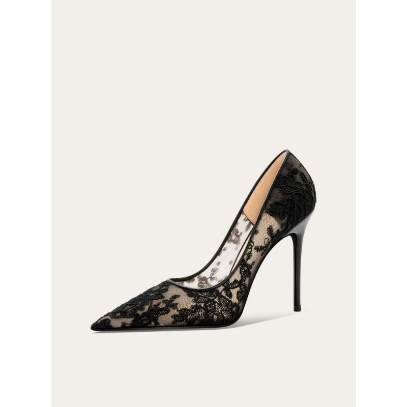 

Sexy Black Embroidered Lace High Heels Women Summer French Style Pointed Toe Shoes