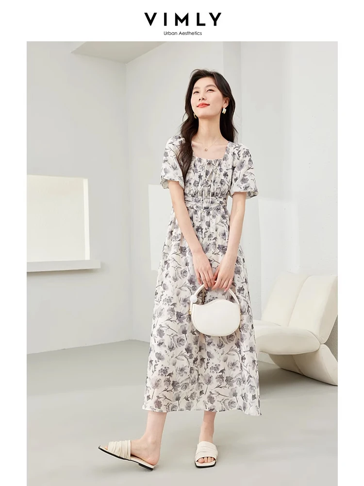 

Vimly Summer Floral Long Dresses for Women 2024 Square Collar Rose Print Elastic Waist Short Puff Sleeve Vacation Dress M6718