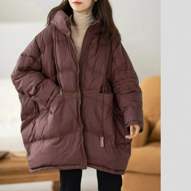 Vrouwen Losse Lange Puffer Jas Met Capuchon 90% Witte Eend Down Jas Oversized 2025 Nieuwe Winter Warme Vrouwelijke Veer Parka