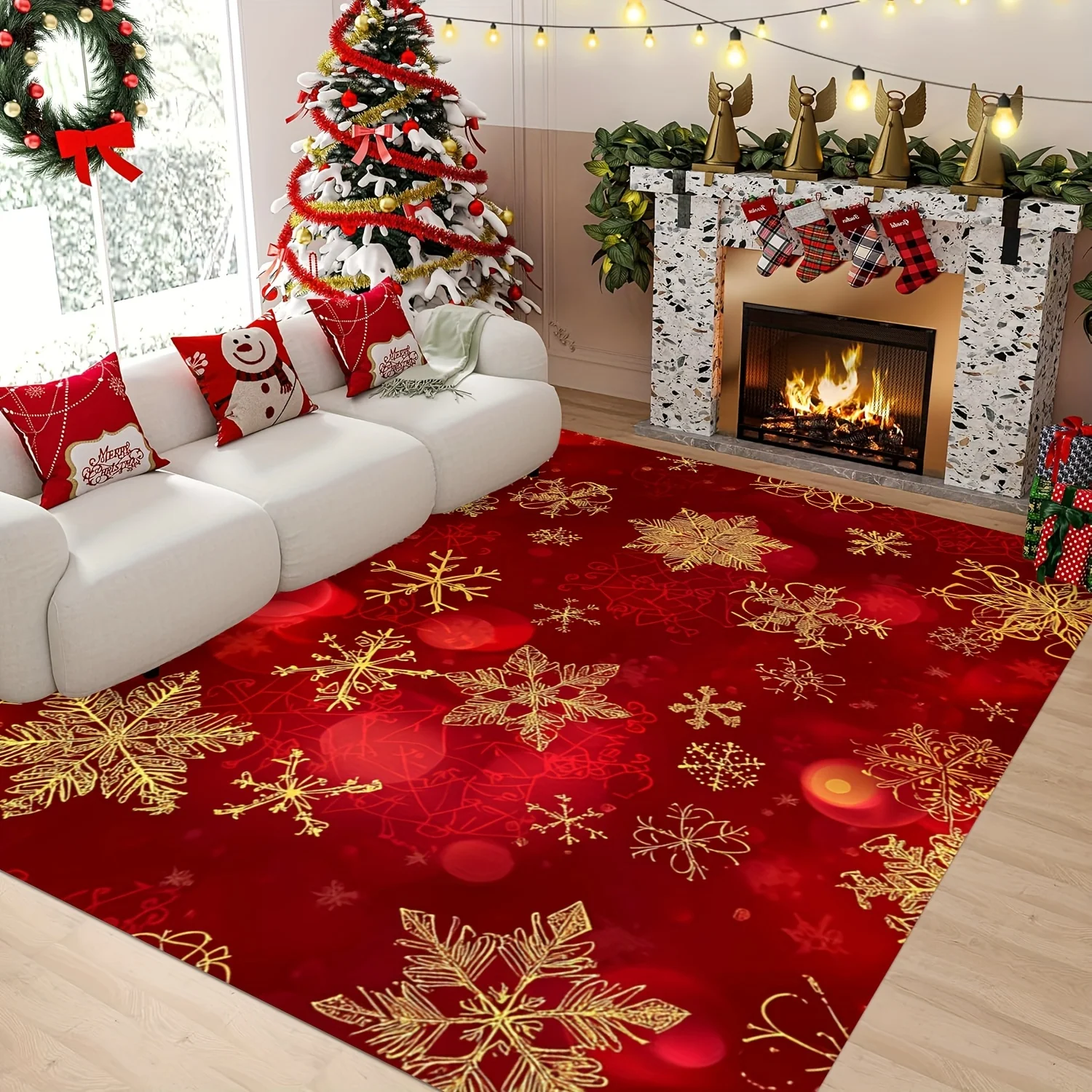 Golden Snowflake Christmas Area Rug - Featuring Red and Gold Design, for Living Room, Bedroom or Entryway,Christmas Decorations