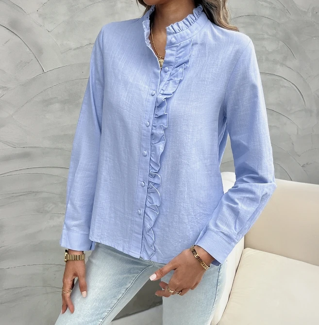 Fashion Clothing Women's Shirt Top Elegant Commuting Casual Solid Color Ruffle Collar Button Frill Trim Long Sleeve Straight Top