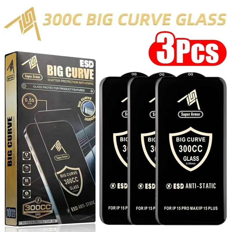 

300CC Big Curve Tempered Glass For iPhone 15 13 11 12 14 Pro Max ESD Anti-Static Screen Protector For iPhone 16 15 Plus X XR XS