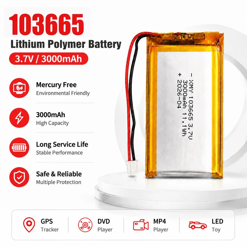 3.7V 3000mAh 103665 Rechargeable Battery Gps Polymer Lithium Battery for Ship Model Excavator Drone PSP Camera Bluetooth Speaker