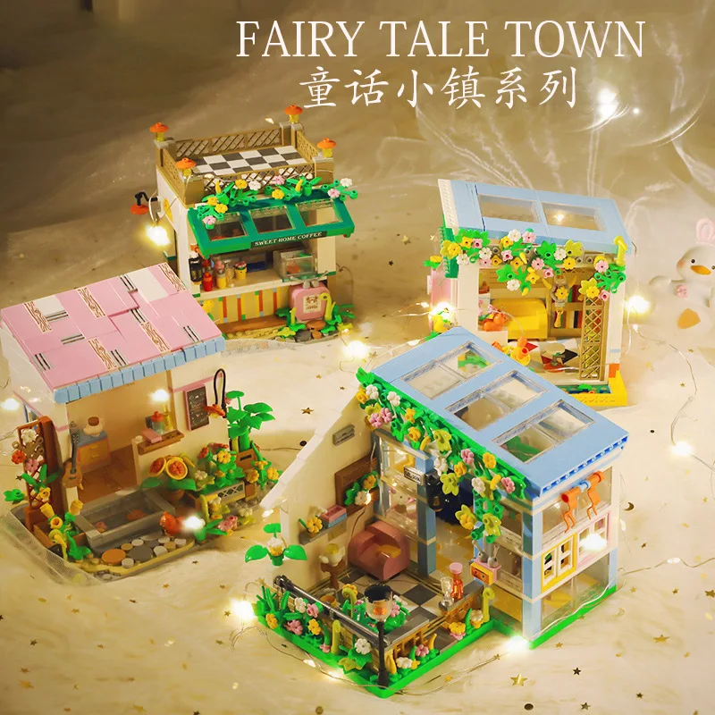 MOC Mini Creative Fairytale Town Coffee Store Building Block Street View Village Vacation House Bricks Christmas Toys Kids Gifts