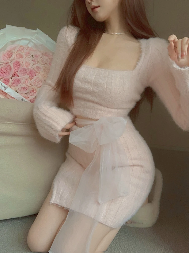 Winter Sexy Knitted Two Piece Set Women Korean Fashion SlimParty Mini Skirt Suit Female Long Sleeve Bow Sweater Skirt Set 2022