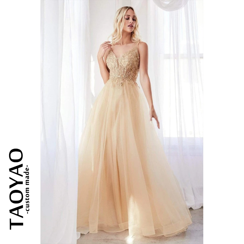 New A-Line Spaghetti Straps Sweetheart Evening Dresses Backless Party Dresses Beaded Appliques Tulle Prom Gowns Robe De Soirée