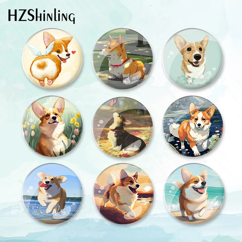 2023 New Welsh Corgi Badge Brooch Dog Lovers Painting Pin Backpack Decoration Pins Round Jewelry Women Gift