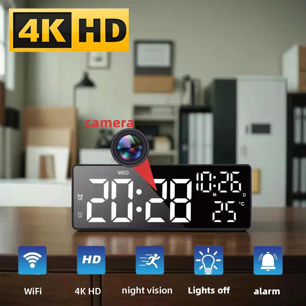 

Мини-камера HD4K с функцией часов, удаленным просмотром, обнаружением движения, регулируемой цифровой подсветкой, функцией будильника, миниатюрная камера для дома