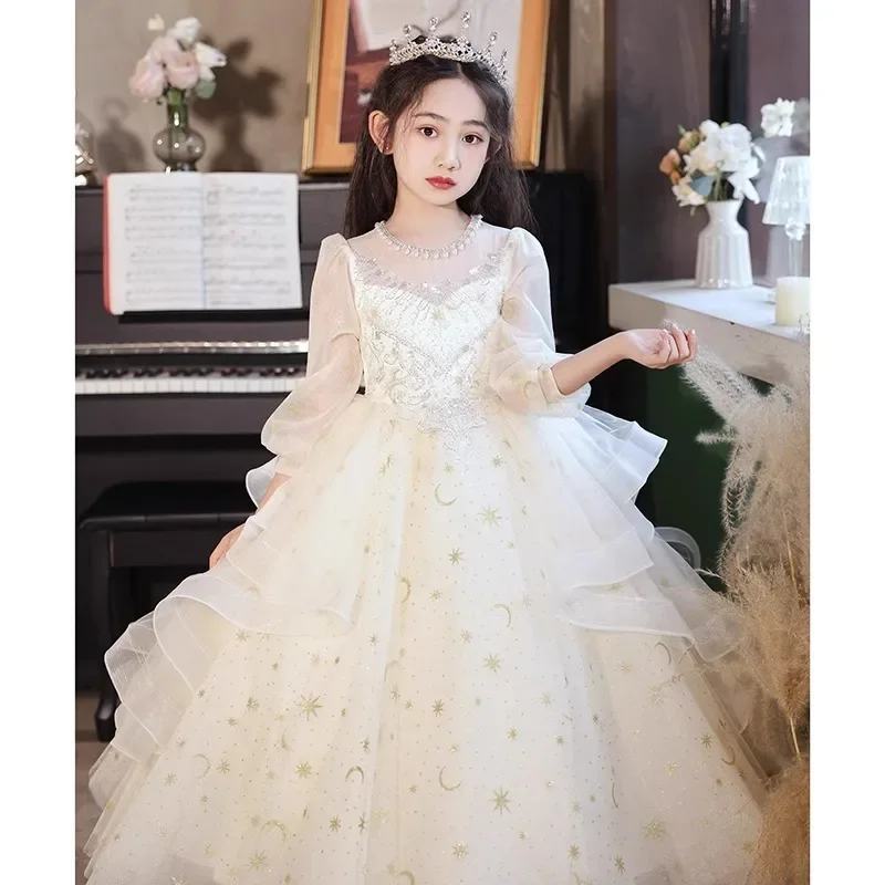 Long Sleeve Round Neck Pearl Girls Princess Dress White Evening Gown Sequined Gala Costume New Simple Wedding Kids Clothes