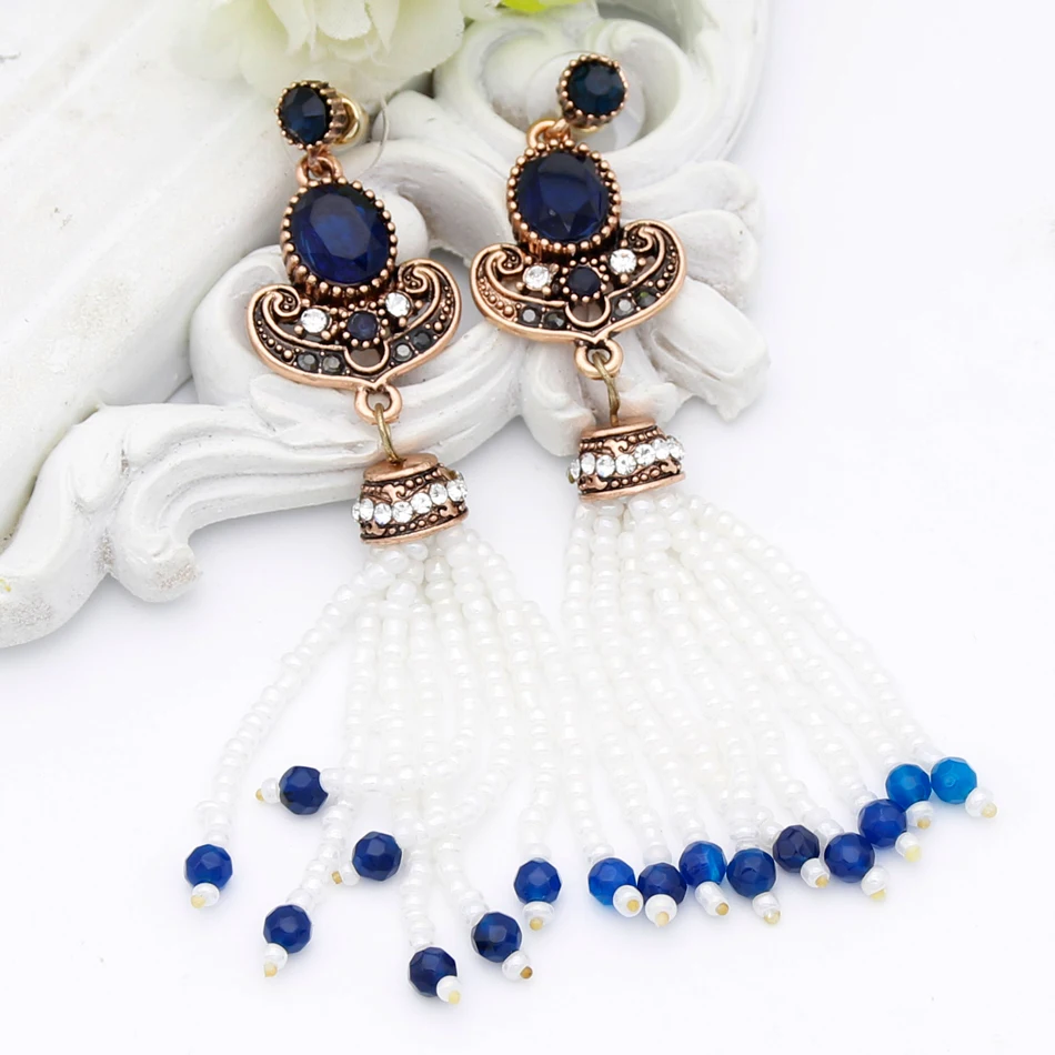 Sunspicems Antique Gold Color Turkish Long Bead Dangle Earrings for Women Ethnic Arabian bridal Jewelry Tassels Earring