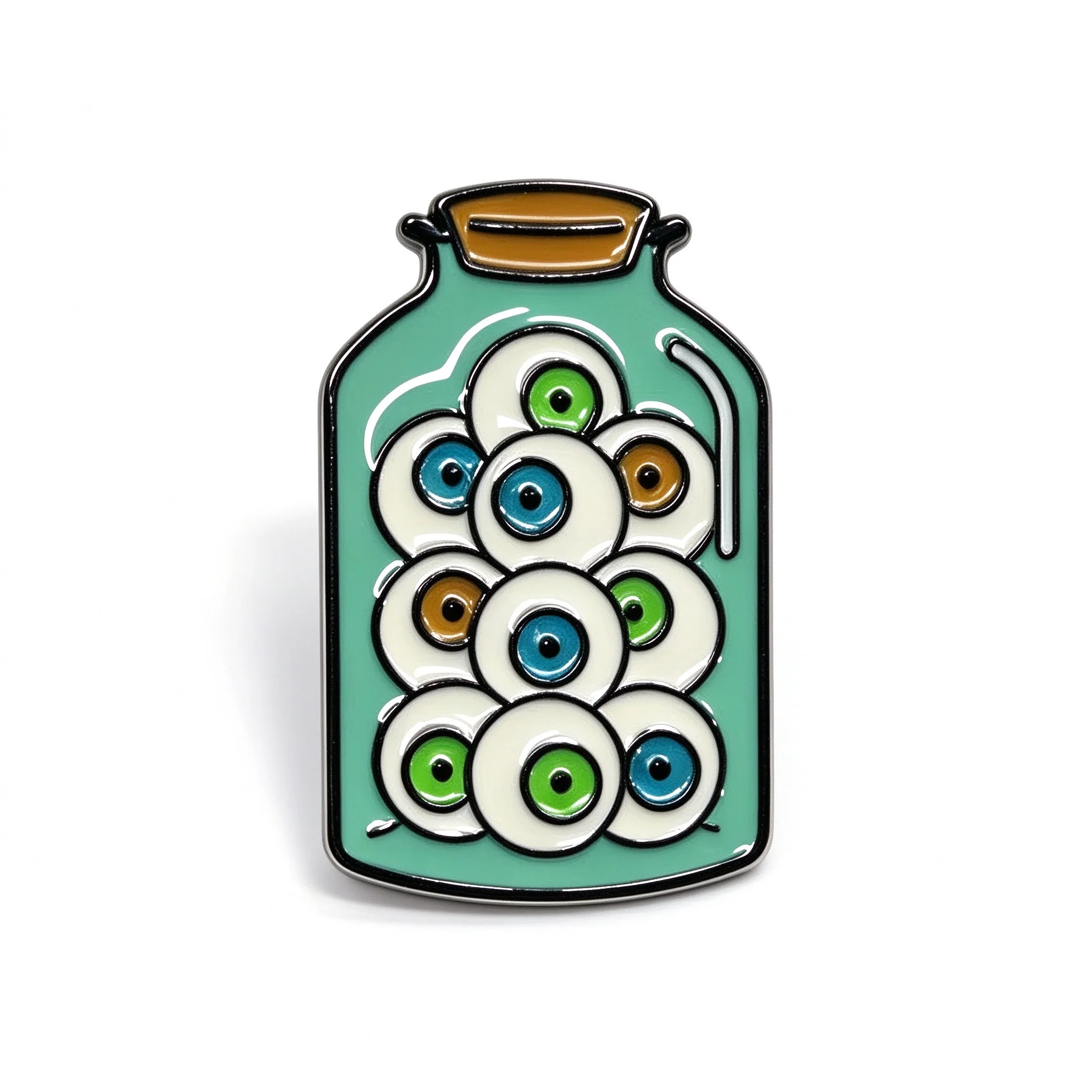 Mint Green Jar Full of Colorful Eyeballs Cork Lid Enamel Brooch, Spooky Weird Specimen Badge for Backpack Jacket, Horror Humor G