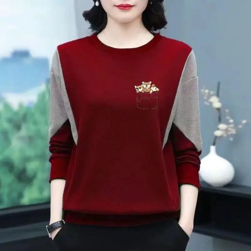 

Thickened Fleece round Neck Sweatshirt Long Sleeve Mom Clothes Middle-Aged And Elderly Outerwear Comfortable Polyester T-Shirt