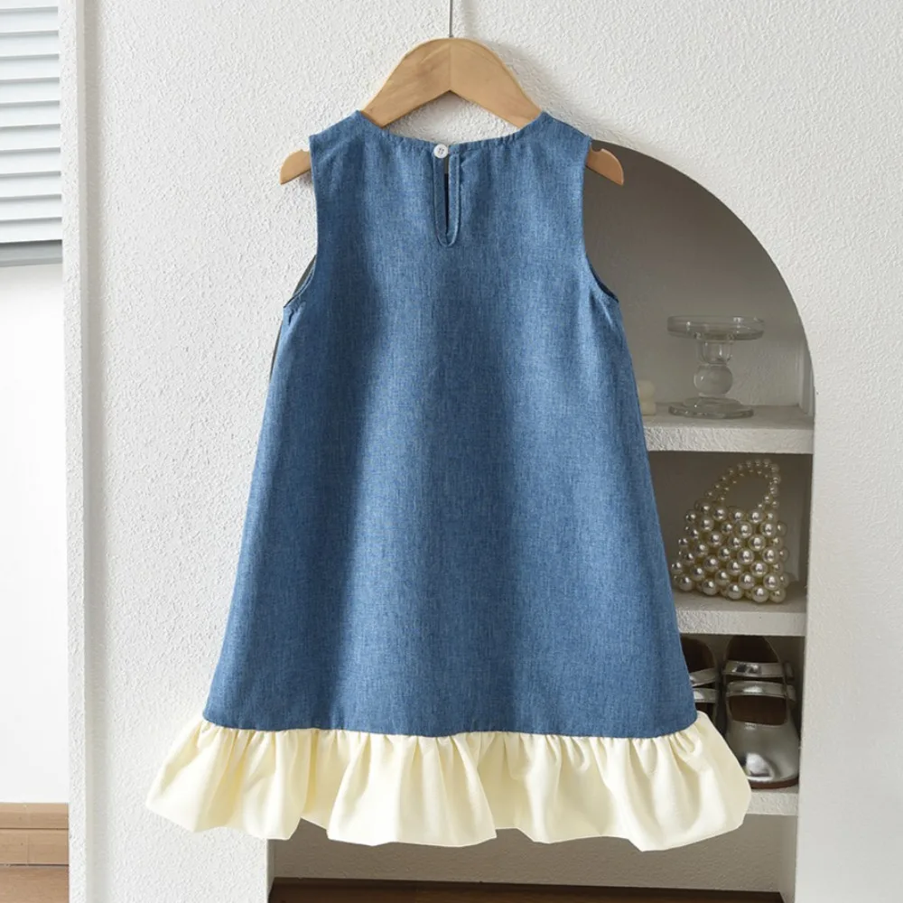 Blue Summer New Casual Girls' Clothes Round Neck Sleeveless Bow Lace Vest Princess Dress for Girls Aged 3-7 Korean Version image 2