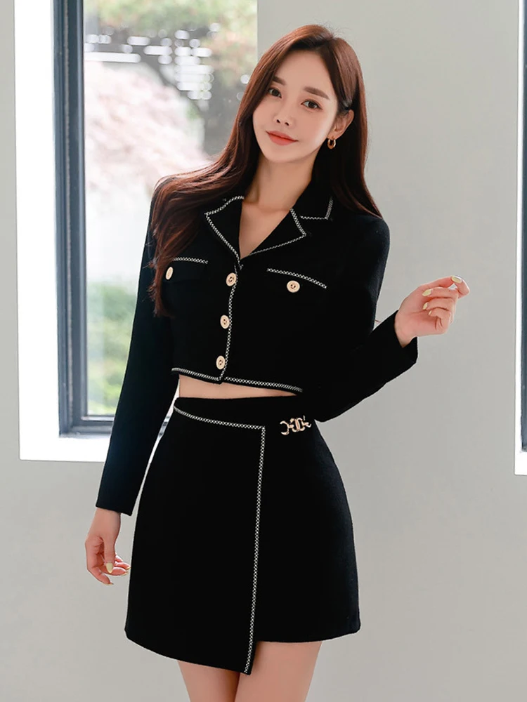 Femmes vêtements formel noir 2 pièces tenue costumes décontracté revers hauts manteau Blazer costume taille haute a-ligne court mince ensemble trajet nouveau