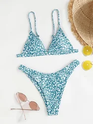 Conjunto de Bikini de dos piezas para mujer, trajes de baño con cuello en V y Espalda descubierta, Tops de cintura baja, bañadores estampados