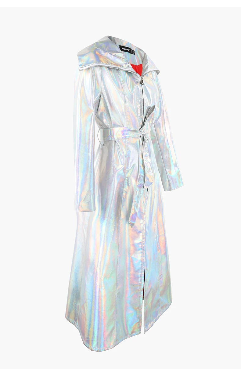 Nerazzurri Autumn Extra Long Windproof Waterproof Shiny Reflective Silver Holographic Patent Faux Leather Coat Women with Hood