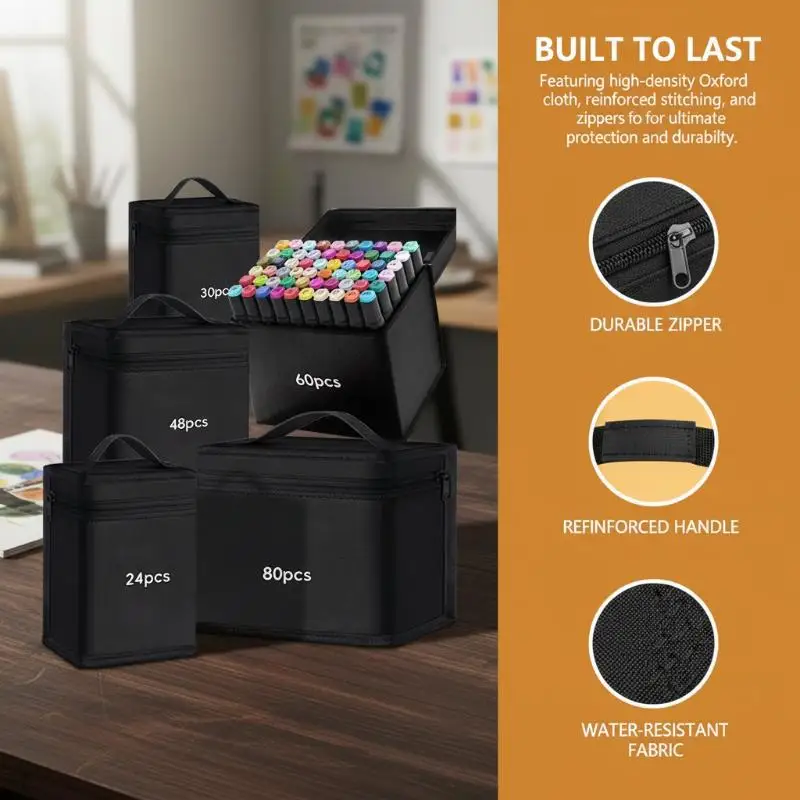 120 Slots Marker Pen Storage Bag Black Canvas Pencil Bag Large Capacity Zipper Case Organizer for School Artists