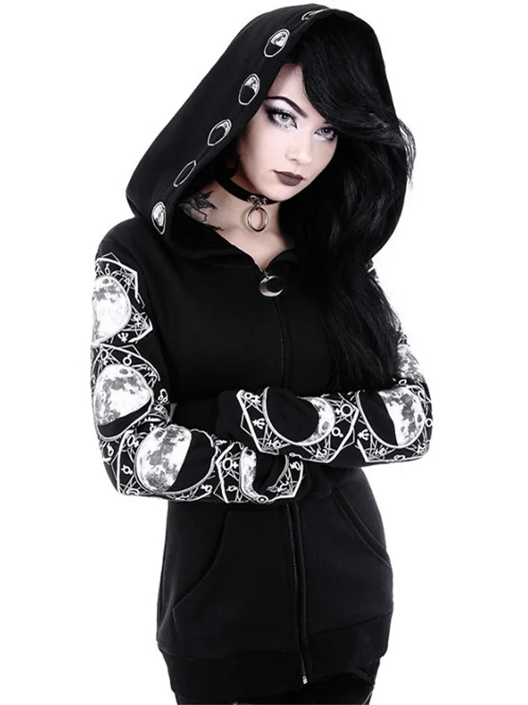 Dark Wind Gothic Long Sleeve Black Printing Hooded Sweater Street Style Harajuku Vintage Tops Women\'s Top In Autumn Winter 2022