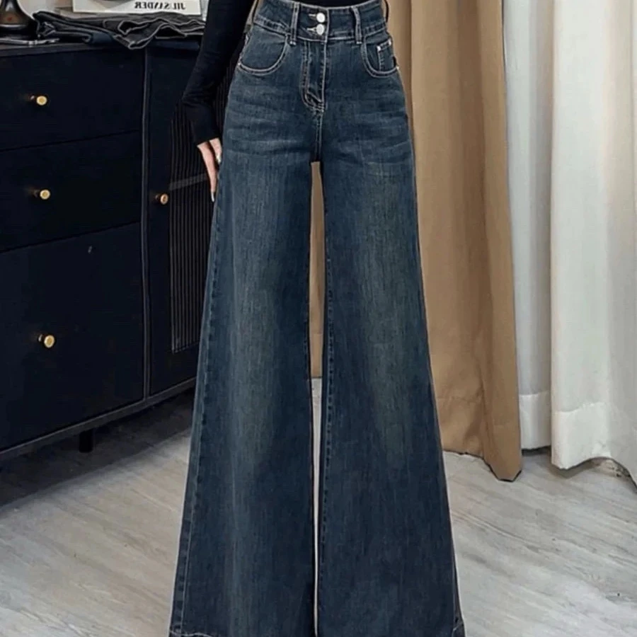 جينز نسائي Y2k جينز ريترو واسع الساق عالي الخصر فضفاض مناسب لشتاء 2025 تصميم جديد طويل القامة بنطلون متعدد الاستخدامات بطول الأرض