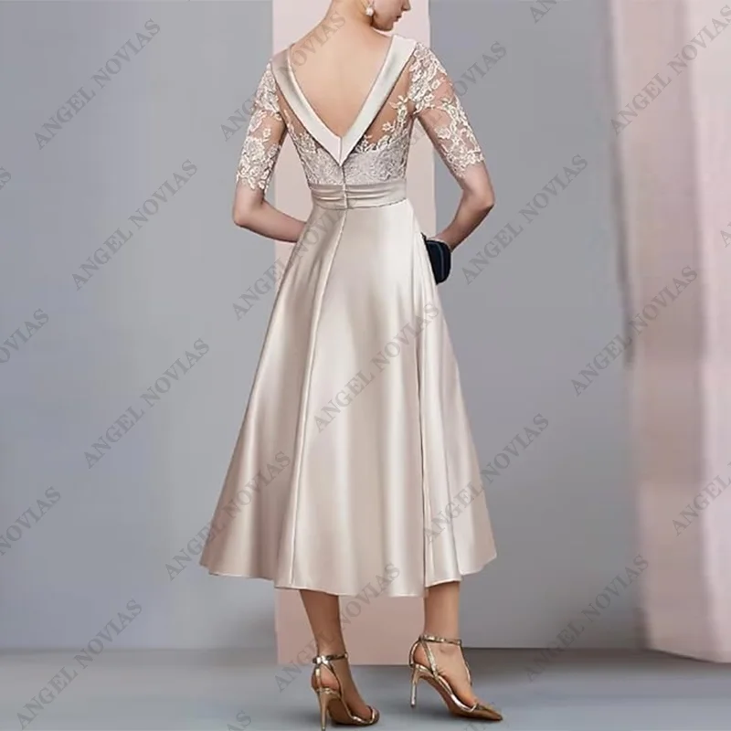 Tea Length Champagne Mother of the Bride Dress with Half Sleeve Wedding Party Gowns vestidos de fiesta elegantes 2024 para boda