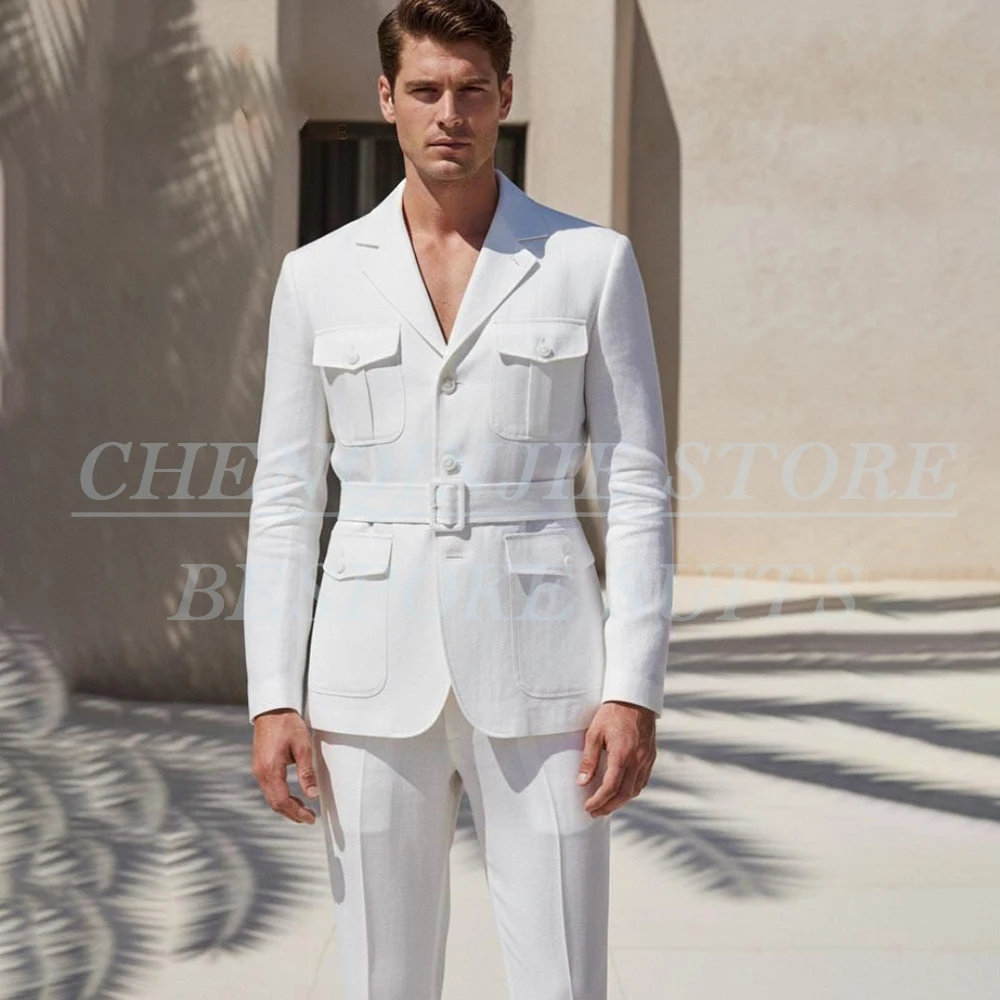 

Safari White Men's Suits Formal Wedding Single Breasted Notch Lapel Belt 2 Piece Jacket Pants High Quality Male Clothing Costume