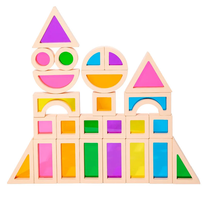 Kid Montessori Wooden Toy Rainbow Stacking Acrylic Block Colorful Learn Educational Construction Building Toys Set For Ages 2+
