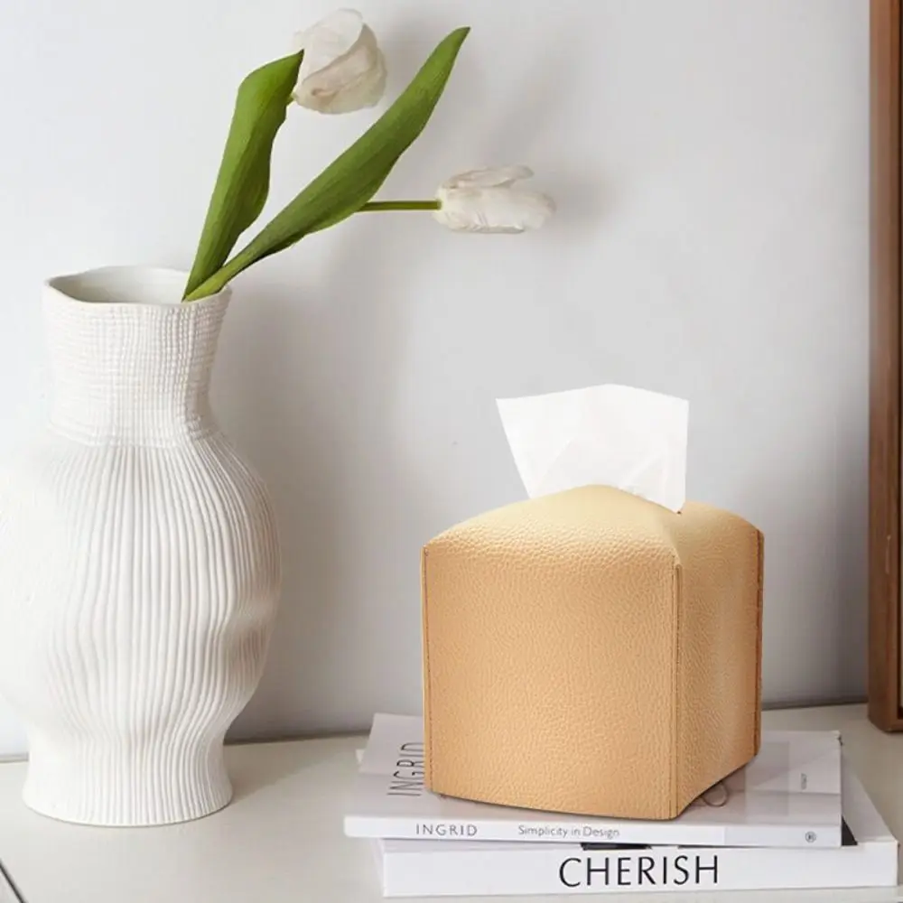 Square Retro Tissue Box Large Storage PU Leather Napkin Holder Soild Color Tissue Dispenser Car Tissue Case