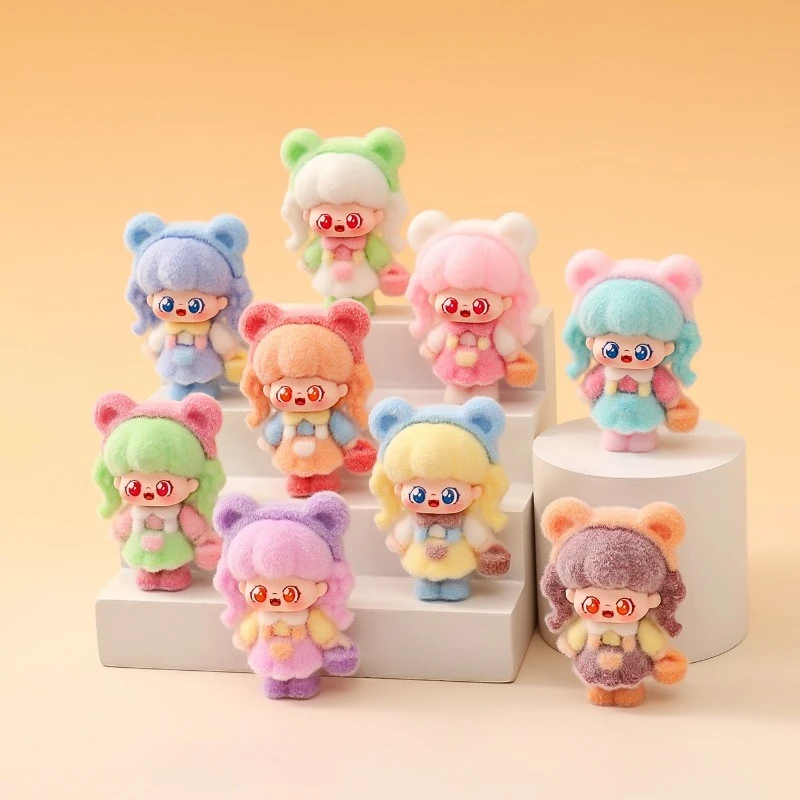 9PCS Cute Flocked Mini Doll Figurines PVC Plush Bear Ear Girl Toys for Car Desk Home Decor Party Favors Blind Bag Collectible