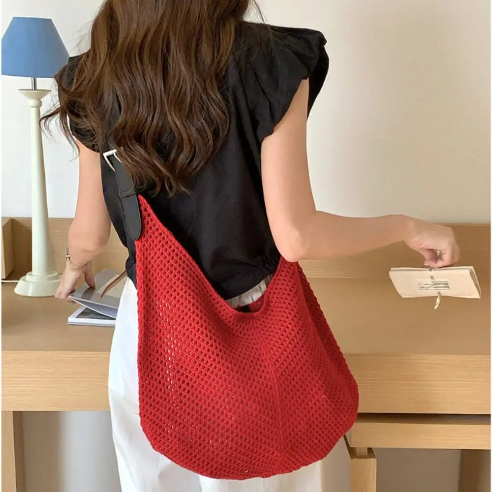 

Simple Shoulder Bag Hollowed Out Knitted Bag Cotton Thread Bohemian Weave Bag Large Capacity Handbag Crochet Tote Bag Students