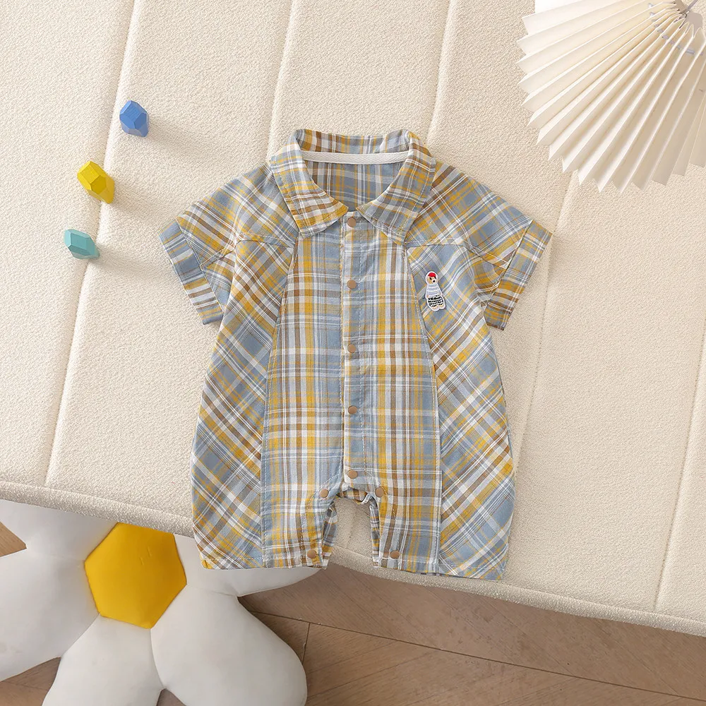 Infant and Toddler Summer Thin Woven Cotton Plaid Collared Shirt Short-Sleeve Romper for Boys and Girls, Sweat-Absorbent