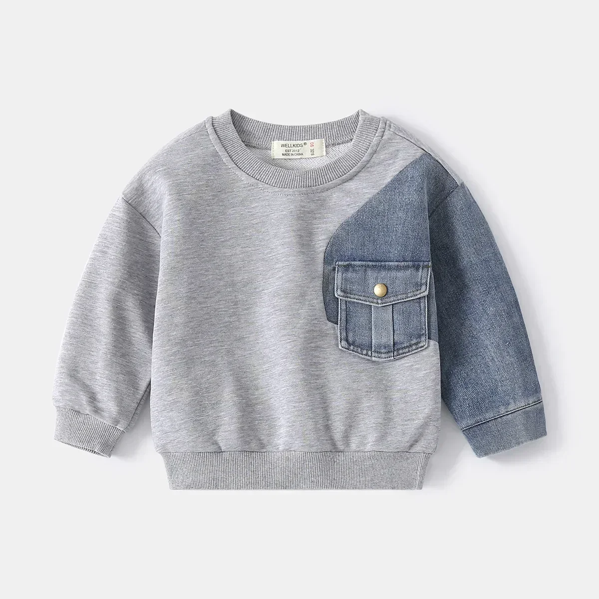 Boys Denim Sweatshirt Kids Stitching Sleeved Loose Sweater 2026 Spring Autumn Children's Street Style Casual Hoodies Clothes