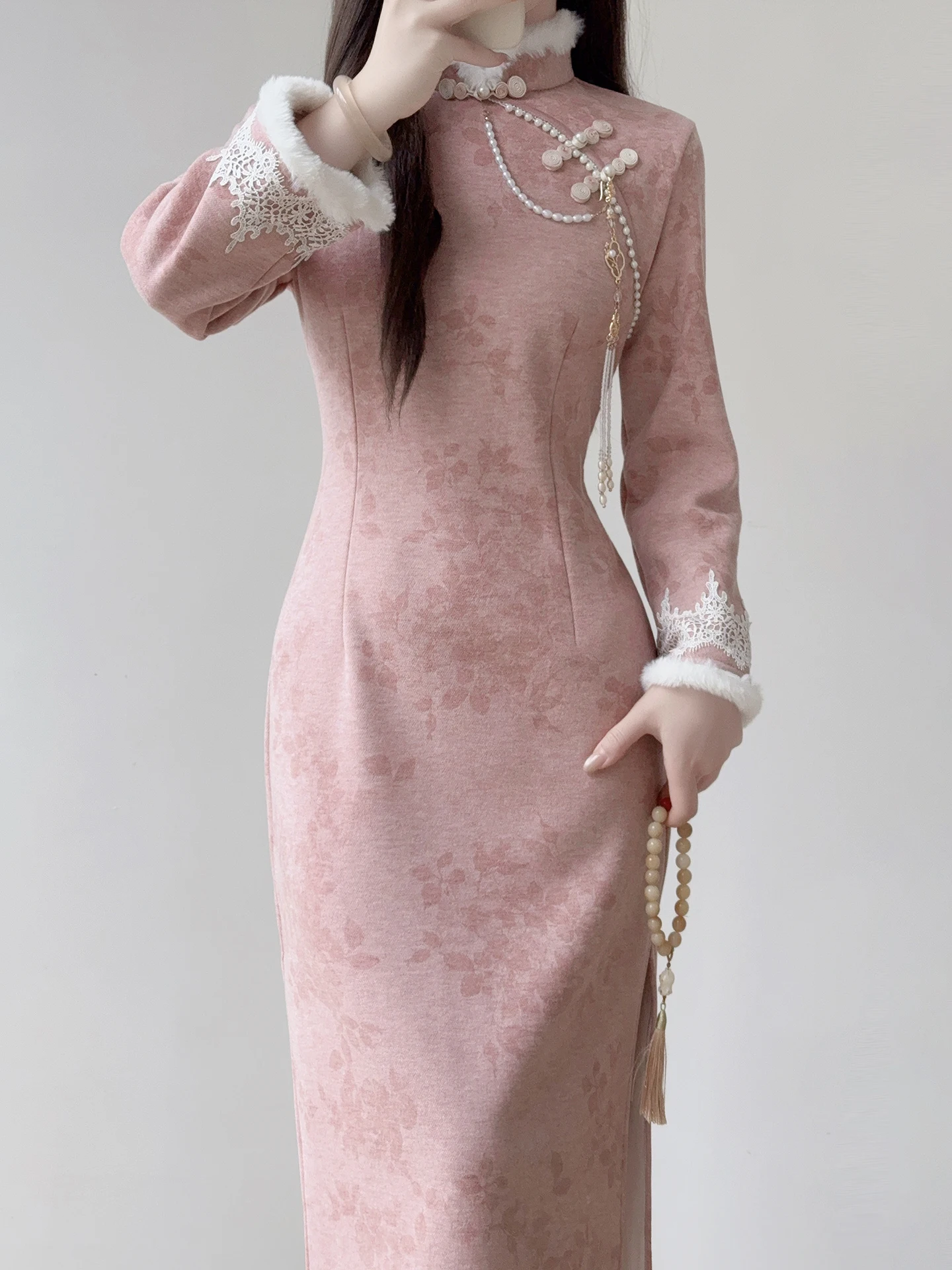 ting-yue-ling-feng-pink-fce-lined-young-girl's-qipao-dr-ele-mid-length-chinese-sle-long-sve-warm-daily-wear