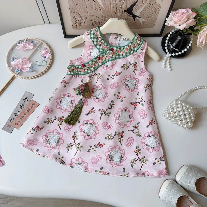 

2026Summer Girls' Dress, New Chinese Style Embroidered Floral Cheongsam Dress, Traditional Sleeveless Tank Dress, Wholesale