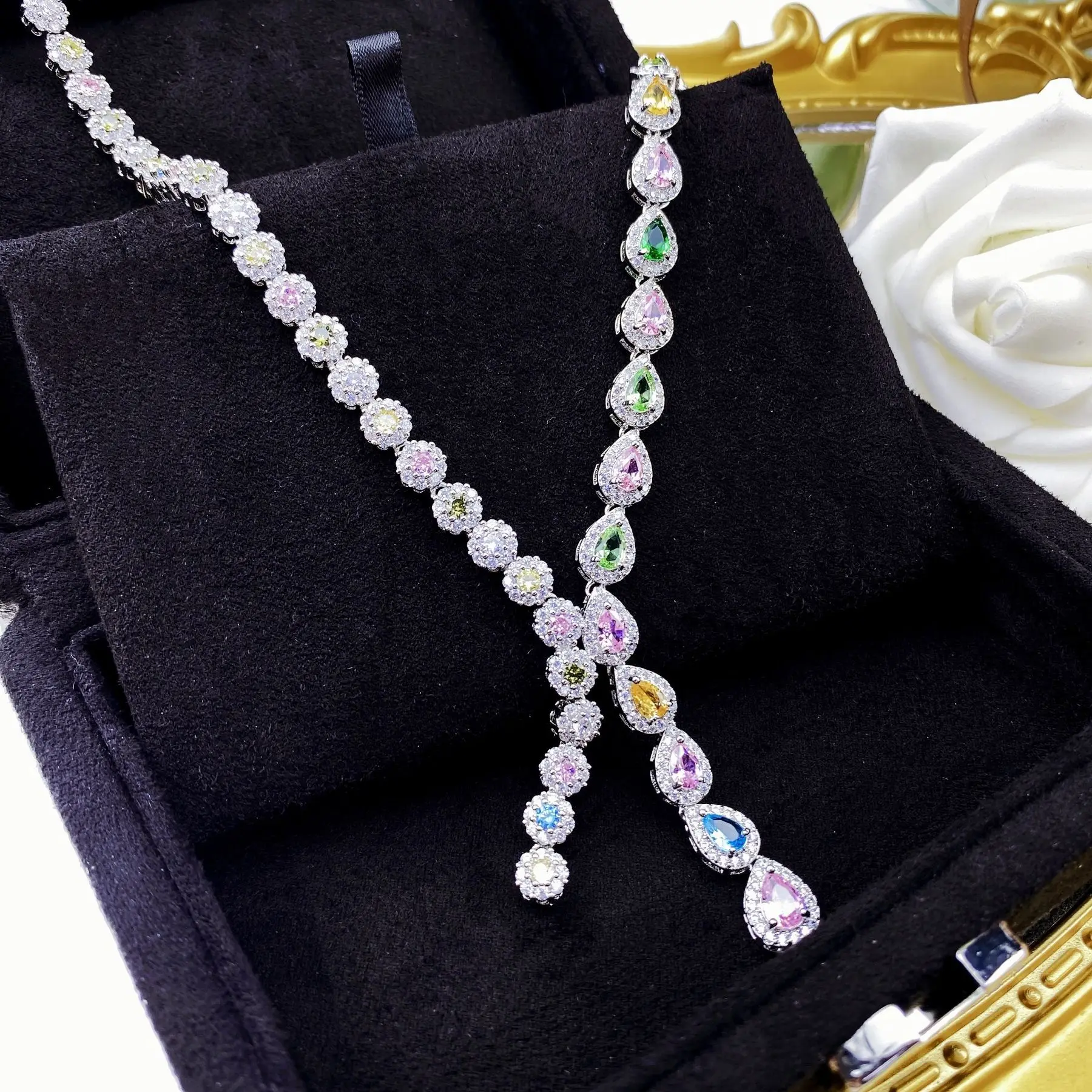 Luxury Silver Color Rainbow Colorful Cubic Zirconia Necklace for Women Multicolor Wedding Necklace Vintage Evening Party Jewelry