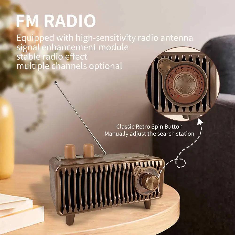 Wooden Vintage Speaker 20W, CYB-T7 FM Radio Wireless BT, TWS Pairing, AUX/TF/USB Input, Rotary Knob Control