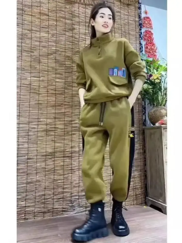 بدلة رياضية شتوية من Thiened Fce للسيدات غير رسمية للترفيه طويلة بقلنسوة مكونة من قطعتين مقاس كبير بياقة واقفة برمز كبير