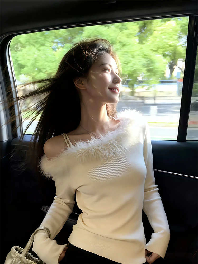 

Женская вязаная базовая кофта Miu Series с одним открытым плечом, для ранней весны, с открытыми плечами, теплая, мягкая, однотонная, длинная