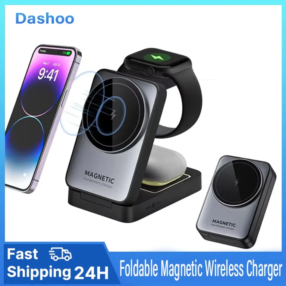 

Magnetic Wireless Charger 3 In 1 Foldable Fast Charging Station For Magsafe iPhone16 15 14 13 12 Apple Watch 2-8 Airpods Pro