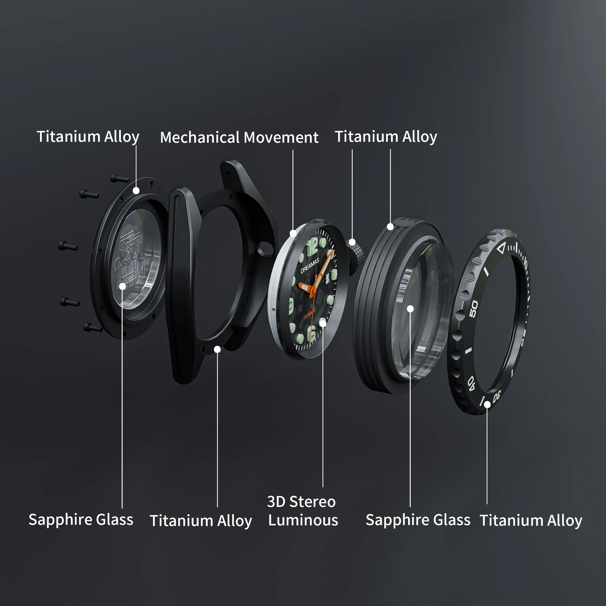 DREAMAS ساعة ميكانيكية للرجال سبائك التيتانيوم ساعة غوص سويسرية ثلاثية الأبعاد سوبر مضيئة 500 متر مقاوم للماء ساعة أوتوماتيكية DMS5050