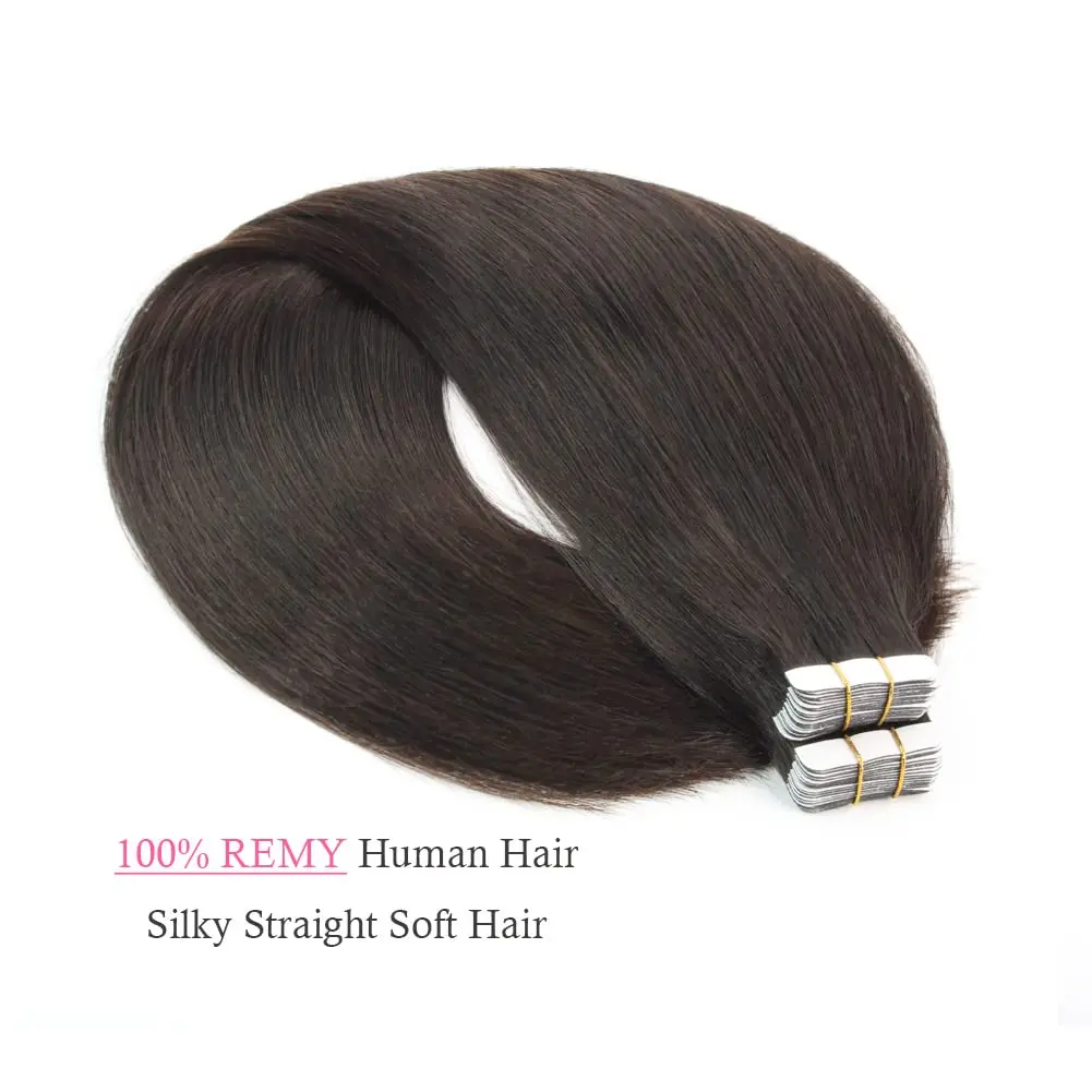 Hitam alami # 1B pita dalam ekstensi rambut manusia 16-26 inci 100% rambut Remy asli 20 buah pita lurus dalam ekstensi rambut rambut manusia