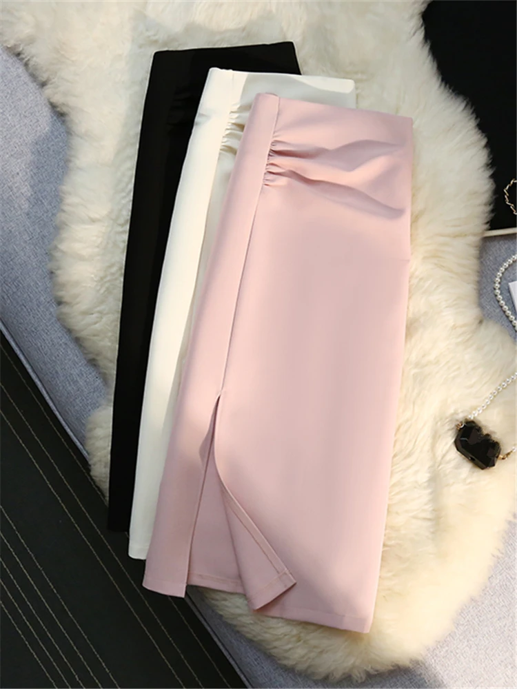 

Elegant Front Split Womens Wrap Midi Pencil Skirts 2023 New Spring Summer Solid Office Lady High Waist Sheath Pink Skirt Female